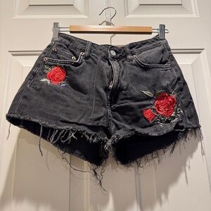 H&M Black Denim Shorts with Red Rose Embroidery